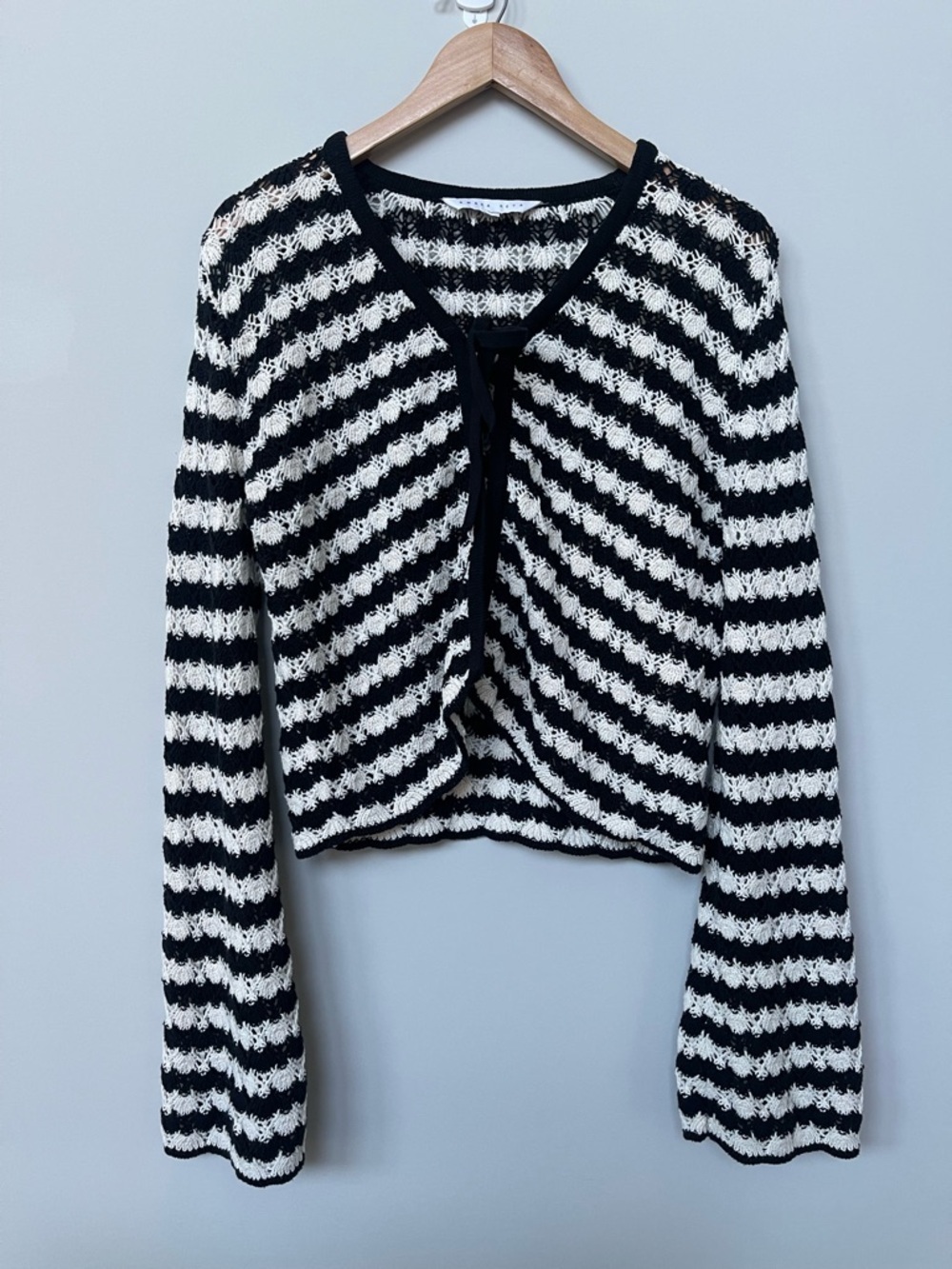 Amara Reya | Black White Crochet Open Knit Tie Front Cardigan Sweater Beachy S/M